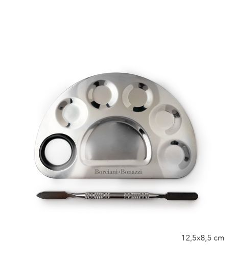 Half-moon shaped stainless steel palette with spatula included – small version